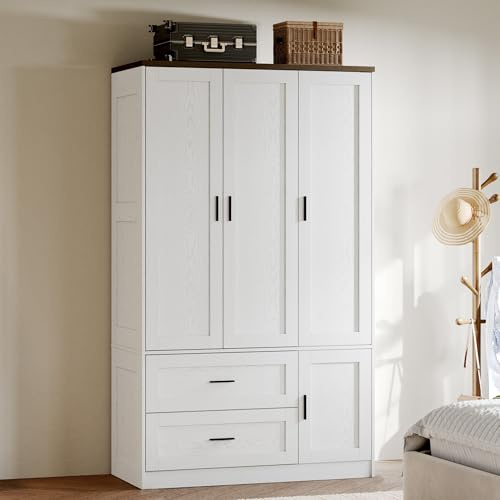 ANCTOR Freestanding Wardrobe Closet 70.6 H, Tall Armoire Wardrobe Closet 3 Doors with Hanging Rod, Drawers, Adjustable Cube Shelves and a Closed Cabinet Organizer Modern Bedroom Clothes Cabinet