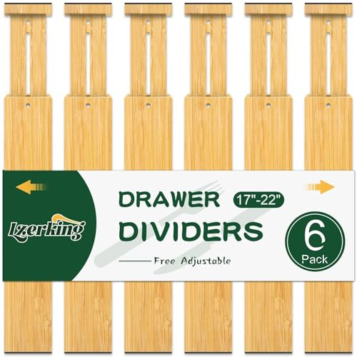 Lzerking Kitchen Drawer Dividers 6 Pack, 17-22 Adjustable Bamboo Drawer Organizers Large, Spring Loaded, Expandable Utensil Organizer, Works in Kitchen, Dresser, Closet, Bathroom, Bedroom