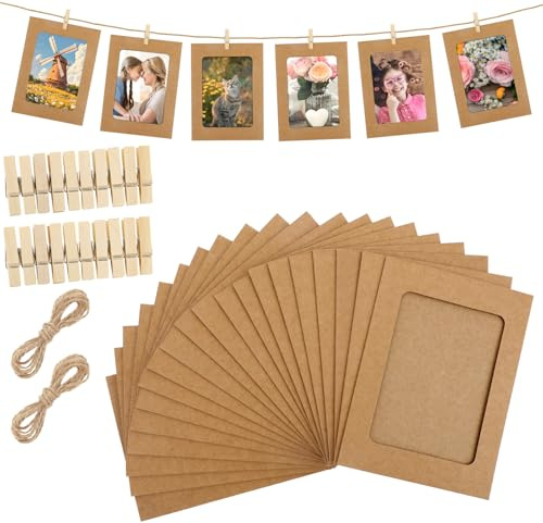 LIQWEI 20 Stück Papier Fotorahmen, Kraftpapier Bilderrahmen 11.5x15.5 cm Fotoleine Mit 20 Stk Holzklammern 2 Stück Bilderrahmen Aus Pappe Set Für Zuhause Schule Büro DIY Geburtstag Wand Dekoration