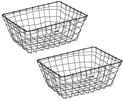 Wickerfield 2PCS Wire Storage Baskets, Pantry Organizers and storage, Fruit Basket with Seagrass Edge, Vegetable Storage, Large Metal Basket for Bathroom, Kitchen and Office (Rectangle)