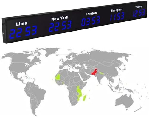 LJYKBFL Grande Horloge Mondiale numérique à LED, Horloge Murale à 3/4/5 fuseaux horaires, Horloge Mondiale pour hôtel, multinationale, Blue-5City