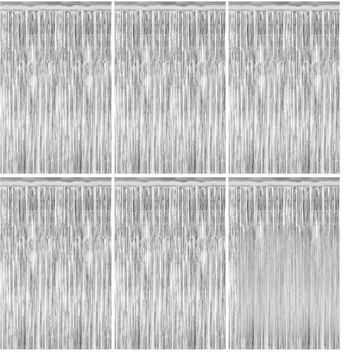 Quelcc Cortina Fiesta de Flecos, 6 Piezas 1x2m Cortinas Fiesta Decoracion con Cinta Adhesiva, Reutilizable para Cumpleaños, Bodas, Navidad Decoración Fiestas Adultos y Niños (Plata)