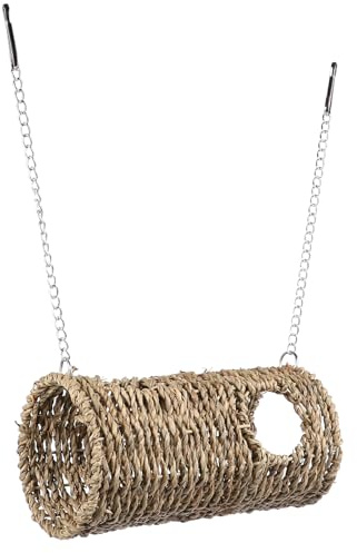 ANDRESLAD Casa Túnel para Hámster y Pequeños Animales, Cabaña de Paja Natural con Cadena Colgante, Nido Cómodo y Seguro para Mascotas Pequeñas, Juguete Interactivo para Hámsteres y Erizos