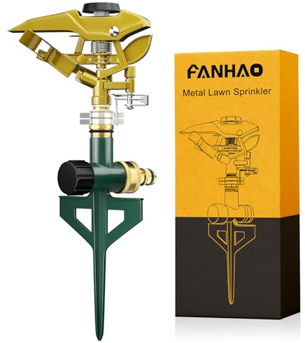 FANHAO Aspersor de Impacto con Base de Espiga Metálica, Sistema de Riego Impulsos, Que alcanza hasta 540 m², Ajustable y de Amplia Cobertura de 360 Grados