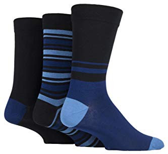 SockShop Men's Comfort Cuff Socks - Striped and Plain Soft Breathable & Cooling Bamboo Material Multipack of 3 Pairs Black/Blue 7-11