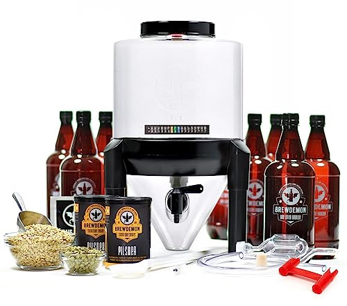 BrewDemon Kit de elaboración de cerveza artesanal Signature Pro con botellas, fermentador cónico que elimina los sedimentos y hace cerveza casera de gran sabor