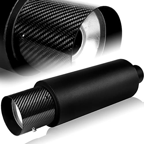 Q1-TECH, Universal 4 Carbon Fiber Tip JDM N1 Style Muffler Hi Flow Black Stainless Steel Weld-On 2.5 Inlet , Muffler , Removable Silencer Pre-attached , Deep and Smooth tone