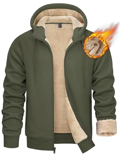 KEFITEVD Huvtröjor för män, sherpa fleecefodrad jacka med huva, vindtät sweatshirt, vinter, varm huvtröja med fickor, Armégrönt, XXL