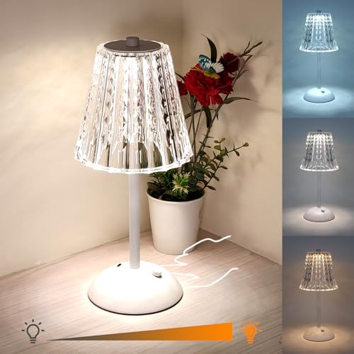 Amingulry Cordless Rechargeable Metal Table Lamp, Crystal Shade, White | 4000mAh Battery Operated, 3 Color Modes, Dimmable LED Touch Beside Ambient Light, Portable for Bedroom Restaurant Outdoor
