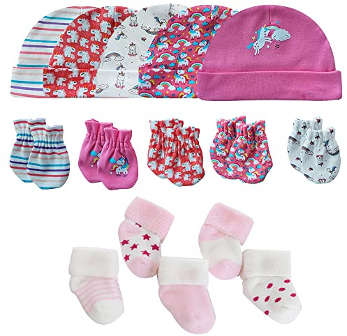 MAMIMAKA Baby Caps handskar och tjocka varma strumpor bomull nyfödda Essentials tillbehör (hattar + handskar+Terry strumpor), 0–6 månader, Set-2 lila/rosa, 0-6 månader