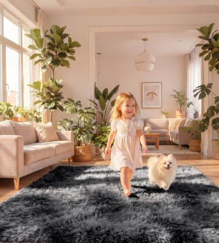 ROHATIM Teppich Wohnzimmer 120 x 160 cm dunkelgrau Waschbar Rutschfester Hochflorteppich Kinderzimmer Schlafzimmer Flauschiger Teppiche
