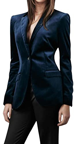 CHARTOU Damen-Blazer, 1 Knopf, enganliegend, Samt, Business-Anzug, Jacke, Arbeit, Büro, gekerbter Kragen, Blau, M