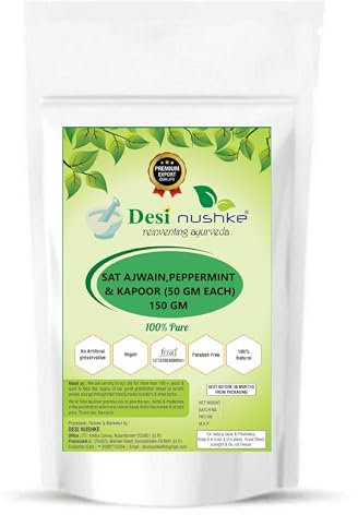 Desi Nushke Sat Ajwain, Peppermint & Kapoor Crystal (50gm Each) Combo | Thymol (Ajwain ki Phool), Menthol & Camphor Crystal | Aromatherapeutic I Plant-Derived (150Gm) 100% Pure & Natural