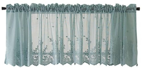 HOMSFOU Lace Curtain Valance Floral Embroidered Half Window Sheer Curtains for Kitchen Cafe Dinning Living Room 137x61cm Blue