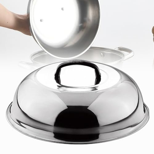Multifunctional Stainless Steel Round Wok Lid with Handle, Teppanyaki Lid for Home Frying, Steaming, Outdoor Grilling (32cm)