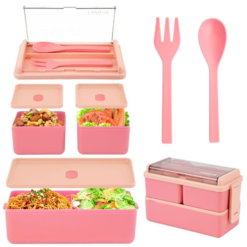 HMIEPRS 1400ml Lunch Box, Porta Pranzo Bambini Adulti con 2 Strati 3 Scomparti Rimovibili e Forchetta Cucchiaio, Microonde Lavastoviglie Sicuro Portapranzo per Scuola Picnic Ufficio (Rosa)