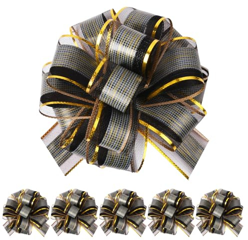 HOTUT 6 Piezas Lazos Grandes de Organza con Tirador (6 Pulgadas), Lazos Negros de Organza con Tirador para Envolver Regalos, Lazos de Cinta para Envolver Regalos con Tirador con Cinta para Coches de