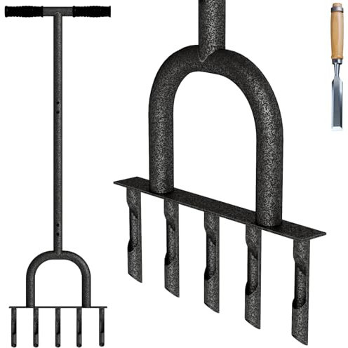 OZMSHF Rasenlüfter Manuell, Rasen Belüfter Hohlzinken Aerifizierer Gardena Handvertikutierer mit Langstiel Bodenbelüften Werkzeug 5 Kerne mit Reinigungswerkzeug/T-Griff für Rasenpflege