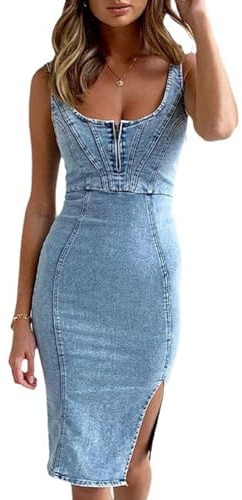 PNZLZIA Sexig, smalt skuren, ärmlös jeansklänning för kvinnor, ärmlös, figurnära midi-jeansklänning med U-hals och sidoslits