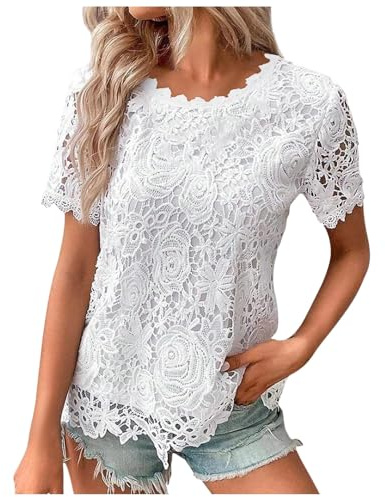 Generisch 2025 - Top de encaje para mujer, de ganchillo, cuello redondo, manga corta, a la moda, de verano, suelta, camiseta casual, coupé de dormir, Blanco, L