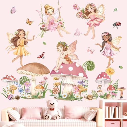 decalmile Wandsticker Feen Blumen Kinderzimmer Wandtattoo Rosa Schmetterling Pilz Florales Wandaufkleber Mädchen Kinderzimmer Schlafzimmer Babyzimmer Wanddeko