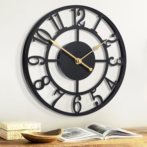 Jassurance 10IN Arabic Wall Clocks Battery Operated Black, Silent Metal Wall Clock for Living Room Decor, Kitchen Wall Clock Decorative