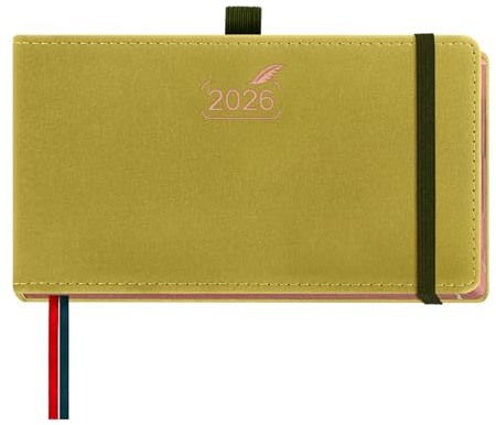 BEZEND Agenda 2026 Semainier de Poche 9 x 16,5 cm Vertical 1 Semaine 2 Pages avec Rose Gold Bord de Papier - Couverture Rigide en PU, Moutarde