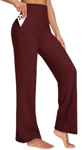 Wide Leg Pants for Women Loose Yoga Pants with Pockets Petite/Regular/Tall Stretch Casual Lounge Pants, Dark Burgundy, Large