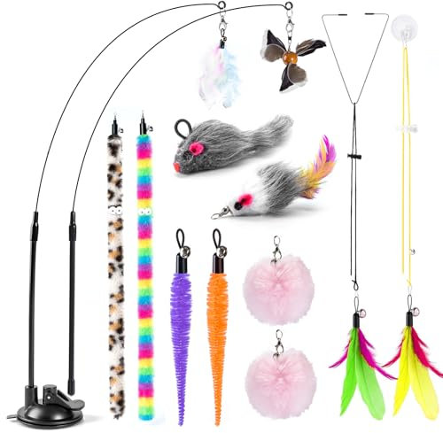 LongForU Katzenangel mit Federn und Saugnapf - Interaktives Katzenspielzeug und Katzenspielzeug Selbstbeschäftigung