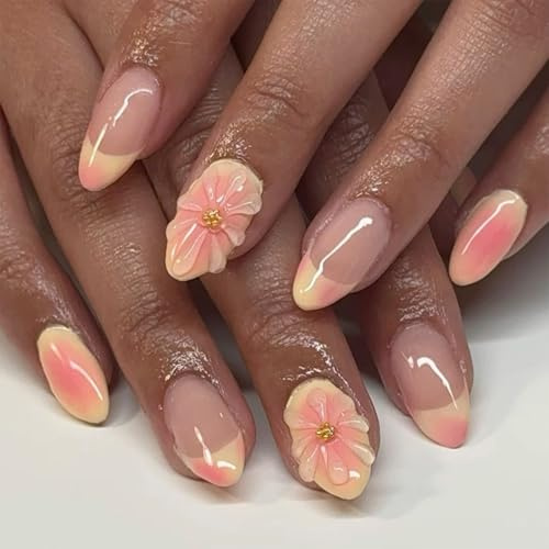 Viugex 24Pcs Almond Press on Nails, Medium French Fake Nails 3D Flowers Soft Gel False Nails, Blush Acrylic Full Cover Glue on Nail, Spring Summer Removable Stick on Nail for Women Girls Daily Wear