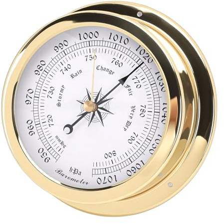 ACOGEDO Baromètre en Laiton de 4,7 Pouces, Mesure Précise de la Pression Atmosphérique avec Cadran Blanc et échelles en Or Noir, pour Yachts, Cargos, Navires, Maison Marine