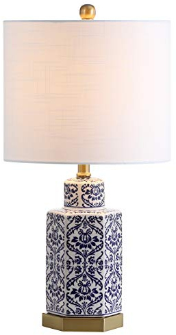 JONATHAN Y 23.5 Blue/White Traditional Ginger Jar Ceramic LED Table Lamp, Hexagonal Damask Pattern with White Linen Shade and Brass Accents, LED Bulb Included JYL3050A