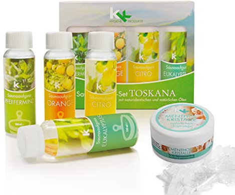 Sauna Set | KK Saunaaufgussset 4 x 100 ml + 50g Mentholkristalle | Saunakonzentrat + Menthol-Kristalle (Toskana, inkl. 50 g Menthol-Kristalle)