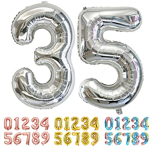 Ponmoo Foil Balloon Number 35/53 Silver, Giant Numbers 0 1 2 3 4 5 6 7 8 9 10-19 20-29 30-39 40-49 50-60-70-80-90-100, Large Balloons for Wedding Anniversary Birthday Party Decoration