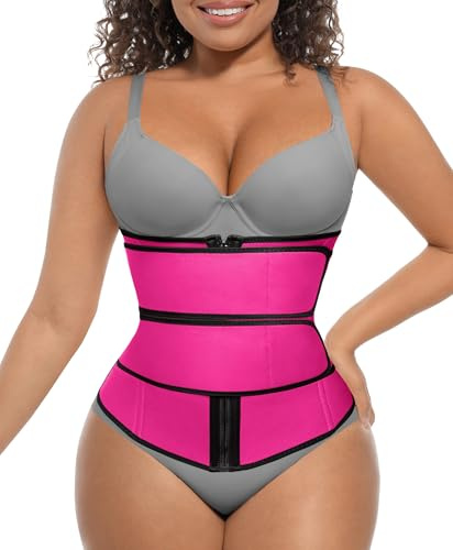 FeelinGirl Waist Trainer for Women Zipper Corset Body Shaper for Tummy Control Neoprene Cincher 2 Belts Corset XL Rose Red