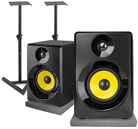 VONYX SMN50B Active Studio Monitors Set - Pair 5 Powered Speakers 140W with Adjustable Floor Stands and Acoustic Isolation Foam Pads for DJ Mixing & Home Studio Recording