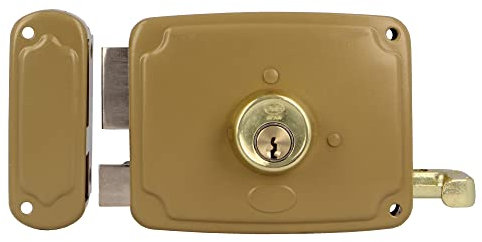 Amig - Serrure à Jante Gauche avec Levier de Fermeture, Languette et Poignée - Acier Doré - Mesure: 120 x 95 mm - Pour les portes d'entrée ou de passage en bois.