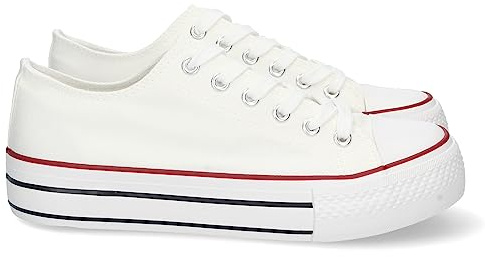 shoes&blues.es 74891-Zapatilla Plana para Mujer, de Doble Suela, Comoda, con Material de Lona, Estilo Bamba Casual, y Cierre de Cordones. Talla 37 Blanco