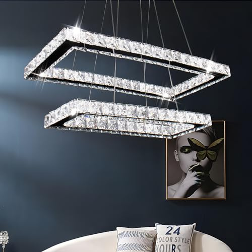 Finktonglan Moderno Lampadario Cristallo Rettangolare Led 2 Anelli Plafoniera In Acciaio Inox Lampada a sospensione Led Lampadari per Sala da pranzo Soggiorno Camera da letto (Bianco Freddo)…