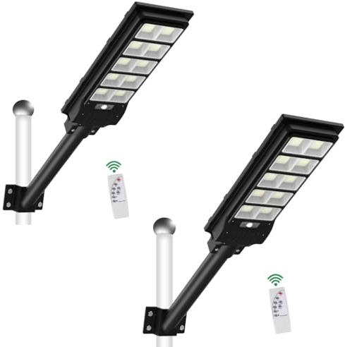 papasbox 2 Stück 500W LED Solar Straßenlaterne mit Fernbedienung | Solarbetriebene 6500K Straßenlampe Wandleuchte mit Bewegungsmelder Sensor | Außen Wegeleuchte im Freien Straßenleuchte