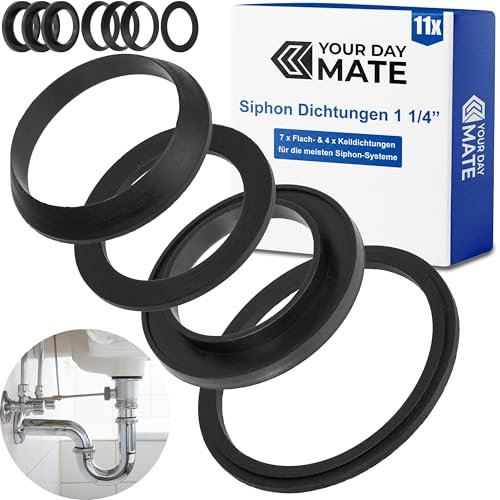Gasket set for 1 ¼ siphons, 4 x wedge seal, 7 x flat seal, made of rubber, in black, for bathroom, kitchen, washbasin Gasket, drain sealing rings 1 1/4 inch, sealing rings odour trap siphon