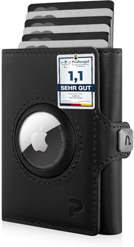 PURISTO KLIK Classic AirTag Wallet mit Münzfach - Mini-Geldbörse für Herren aus Echtleder - Kleines Kartenetui mit RFID-Schutz für 10-14 Karten - Schwarz