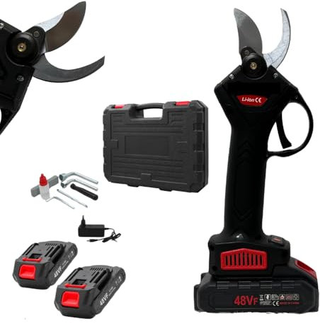 Forbici Elettriche da Potatura 48VF con 2 Batterie Ricaricabili, Cesoie a Batteria Senza Fili con Lama Affilata, Kit con Valigetta e Caricatore per Giardinaggio