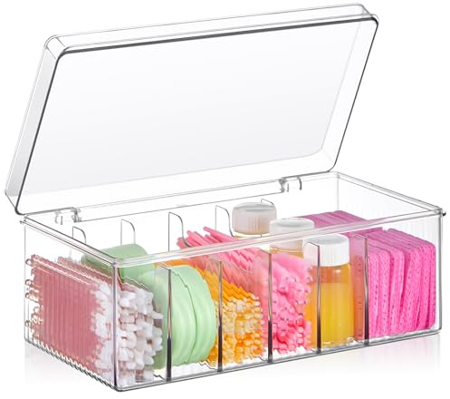 Teenyyou 1 Pcs 8.5 x 4.9 x 3.5 Inch Large Capacity Acrylic Lash Extension Cart Organizers and Storage 6 Divided Eyelash Extension Supply Storage Box Clear Eyelash Cart with Lid Technician Lash Techs