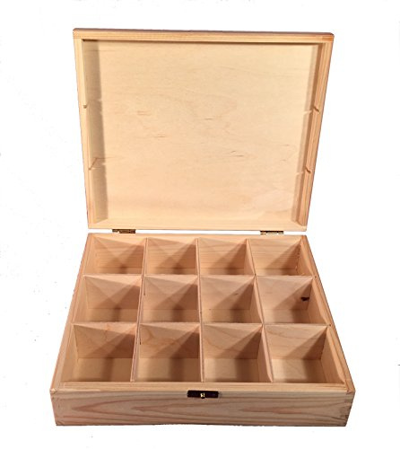 Scatola da tè in legno con 12 scomparti – organizer grezzo per conservare bustine di tè, gioielli, articoli da fai-da-te – ideale per decoupage e progetti DIY
