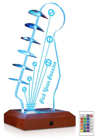 CoolGift Mart Support de médiator lumineux en bois acrylique en forme de tête de guitare électrique avec 16 lumières colorées pour le rangement et l'affichage des médiators, cadeau pour guitaristes