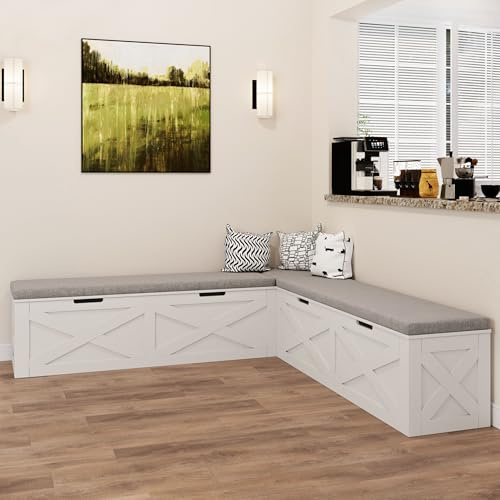 Jiaoun Breakfast Nook Bench,L-Shaped Corner Stool with Cushion,Dining Bench with Storage Suitable for Dining Room, Cafes, Living Room,Handle-Less White