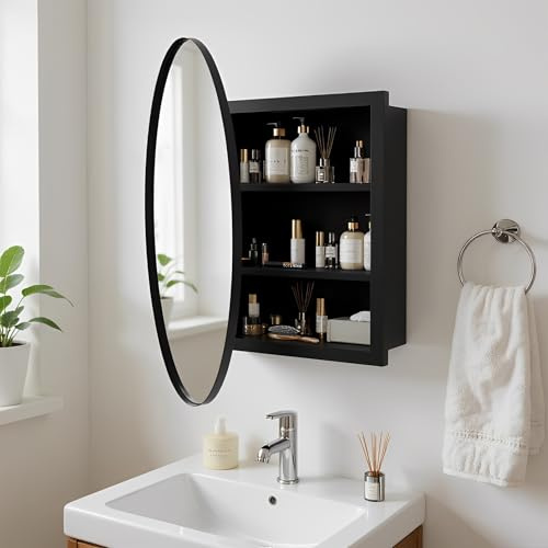 ChromaCasa Badezimmerspiegel mit Metallrahmen für die Wand, 36.5 x 52 cm, Abgerundeter rechteckiger Spiegel, Badezimmerspiegelschrank mit 3 Ablagefächern, beweglichen und verstellbaren Fächern