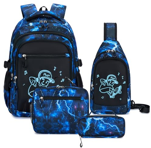 Amythe Zaino Ragazzi - Scuola Elementare e Media - Set Completo con Borsa Petto, Borza Pranzo & Astuccio – Zaino Adolescenti Grande Leggero Impermeabile per Scuola & Viaggi, Blu