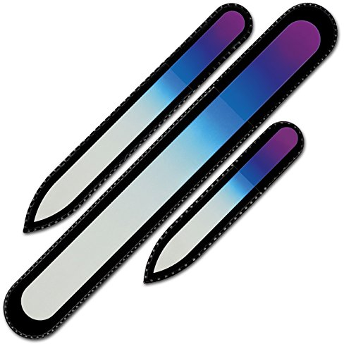 Mont Bleu Set di 3 lima per unghie in vetro colorato in sacchetto di velluto nero, grande dimensioni, vero cristallo di Boemia temperato, Garanzia a vita | Fatto a mano in Repubblica Ceca